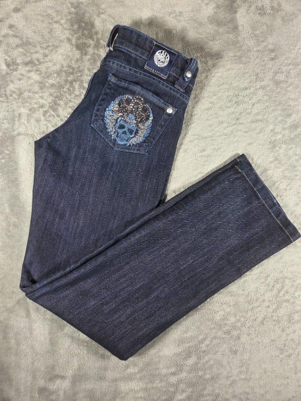 Rock & Republic Rhinestone Skull Bootcut Jeans Size 26 Low Rise Dark Wash